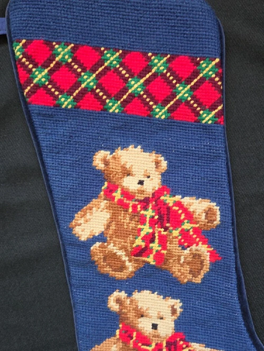 Teddy Bear Christmas Stocking with Red Plaid Accent